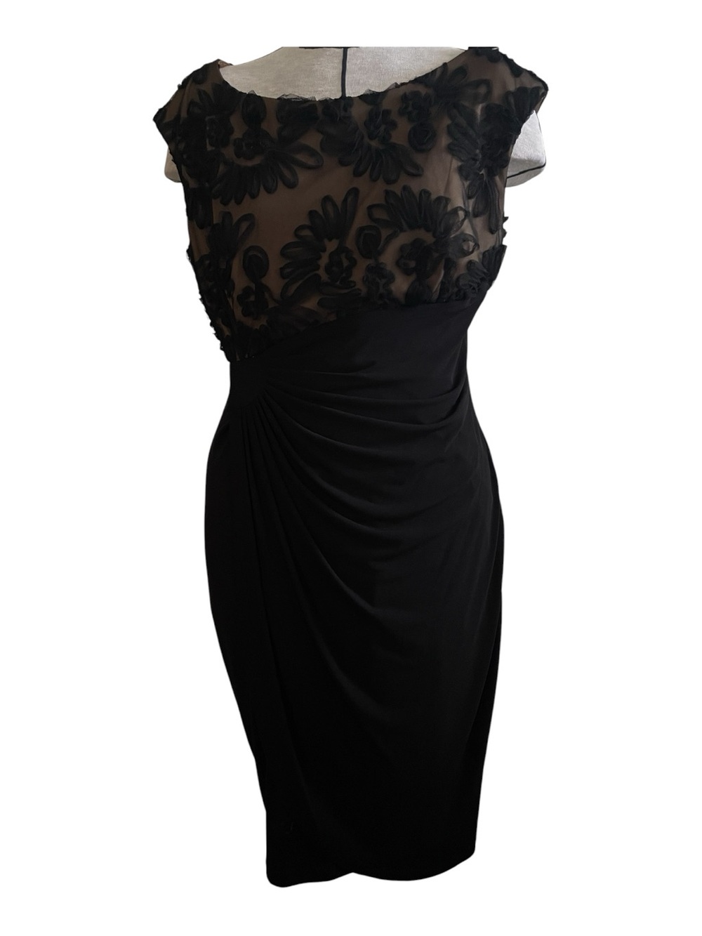 connected apparel Black Sheer Floral Bodice Midi Dress